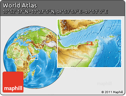 Physical Location Map of the Area around 11° 9' 41" N, 49° 22' 30" E