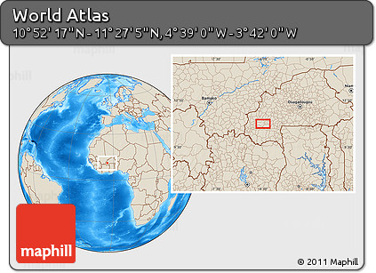 Shaded Relief Location Map of the Area around 11° 9' 41" N, 4° 10' 30" W