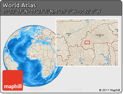 Shaded Relief Location Map of the Area around 11° 9' 41" N, 4° 10' 30" W