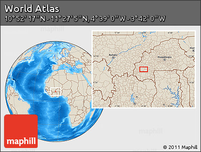 Shaded Relief Location Map of the Area around 11° 9' 41" N, 4° 10' 30" W