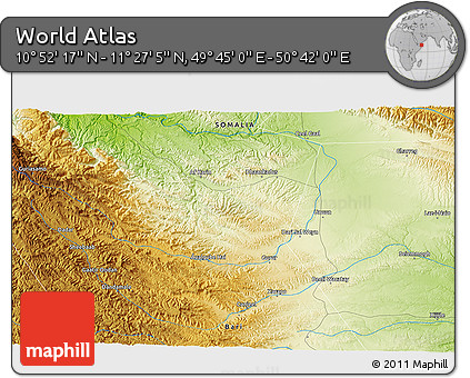 Physical 3D Map of the Area around 11° 9' 41" N, 50° 13' 30" E