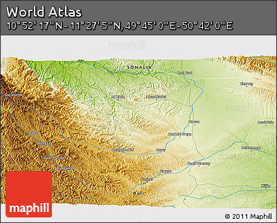 Physical 3D Map of the Area around 11° 9' 41" N, 50° 13' 30" E