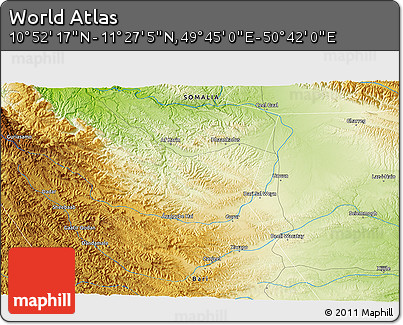 Physical 3D Map of the Area around 11° 9' 41" N, 50° 13' 30" E
