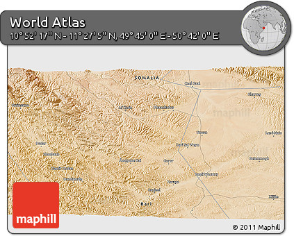 Satellite 3D Map of the Area around 11° 9' 41" N, 50° 13' 30" E