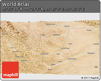 Satellite 3D Map of the Area around 11° 9' 41" N, 50° 13' 30" E