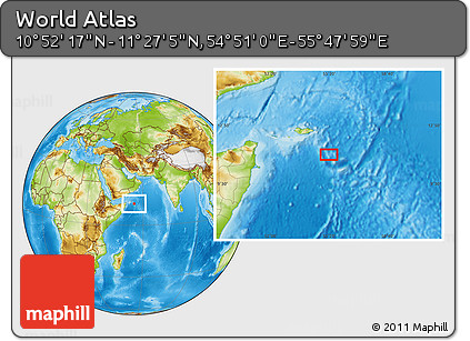 Physical Location Map of the Area around 11° 9' 41" N, 55° 19' 30" E