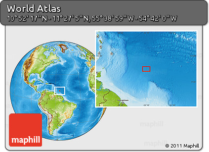Physical Location Map of the Area around 11° 9' 41" N, 55° 10' 29" W