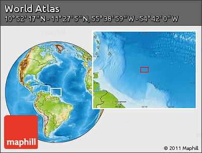 Physical Location Map of the Area around 11° 9' 41" N, 55° 10' 29" W