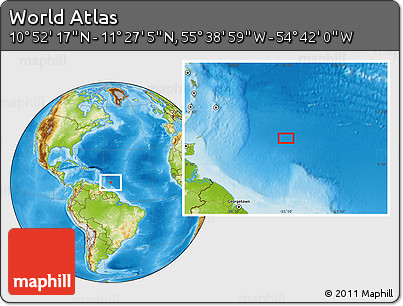 Physical Location Map of the Area around 11° 9' 41" N, 55° 10' 29" W