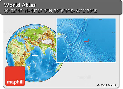 Physical Location Map of the Area around 11° 9' 41" N, 59° 34' 30" E
