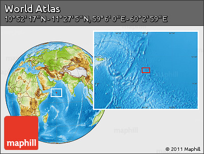 Physical Location Map of the Area around 11° 9' 41" N, 59° 34' 30" E