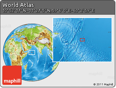 Physical Location Map of the Area around 11° 9' 41" N, 59° 34' 30" E
