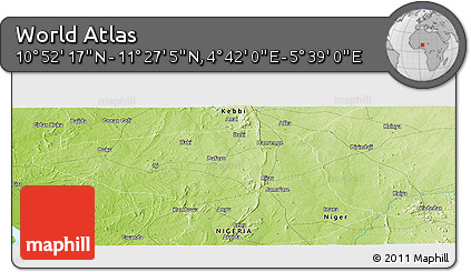 Physical Panoramic Map of the Area around 11° 9' 41" N, 5° 10' 30" E