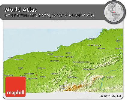 Physical 3D Map of the Area around 11° 9' 41" N, 70° 28' 29" W