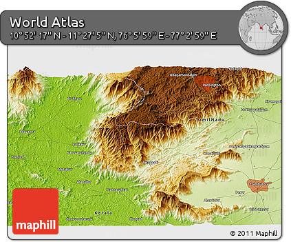 Physical 3D Map of the Area around 11° 9' 41" N, 76° 34' 29" E