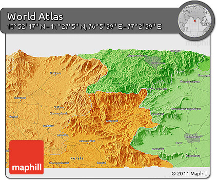 Political 3D Map of the Area around 11° 9' 41" N, 76° 34' 29" E