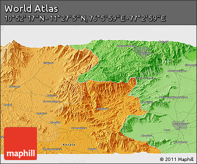 Political 3D Map of the Area around 11° 9' 41" N, 76° 34' 29" E