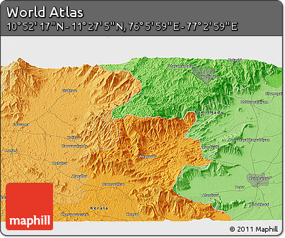 Political 3D Map of the Area around 11° 9' 41" N, 76° 34' 29" E