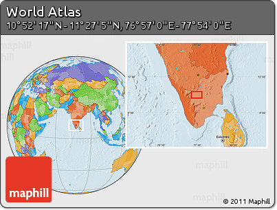 Political Location Map of the Area around 11° 9' 41" N, 77° 25' 30" E