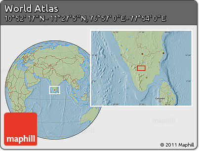 Savanna Style Location Map of the Area around 11° 9' 41" N, 77° 25' 30" E, hill shading
