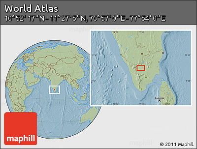 Savanna Style Location Map of the Area around 11° 9' 41" N, 77° 25' 30" E, hill shading