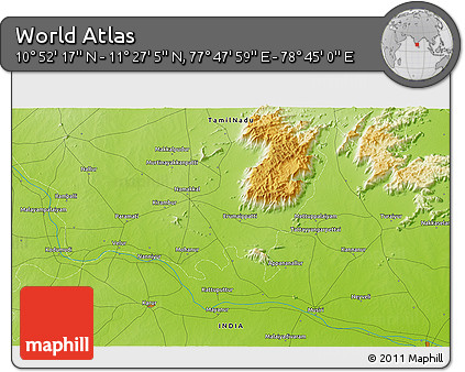 Physical 3D Map of the Area around 11° 9' 41" N, 78° 16' 30" E