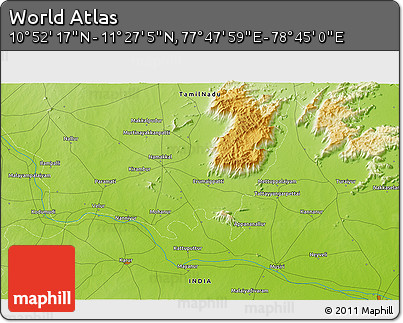 Physical 3D Map of the Area around 11° 9' 41" N, 78° 16' 30" E