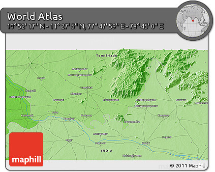 Political 3D Map of the Area around 11° 9' 41" N, 78° 16' 30" E