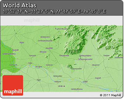 Political 3D Map of the Area around 11° 9' 41" N, 78° 16' 30" E