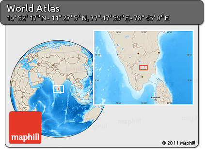 Shaded Relief Location Map of the Area around 11° 9' 41" N, 78° 16' 30" E