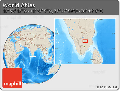 Shaded Relief Location Map of the Area around 11° 9' 41" N, 78° 16' 30" E