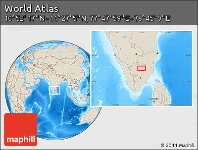 Shaded Relief Location Map of the Area around 11° 9' 41" N, 78° 16' 30" E