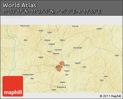 Physical 3D Map of the Area around 11° 9' 41" N, 7° 43' 29" E