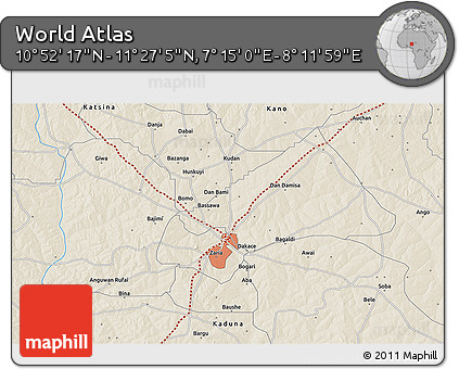 Shaded Relief 3D Map of the Area around 11° 9' 41" N, 7° 43' 29" E