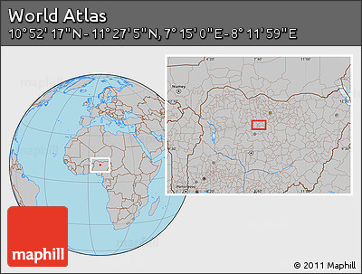 Gray Location Map of the Area around 11° 9' 41" N, 7° 43' 29" E