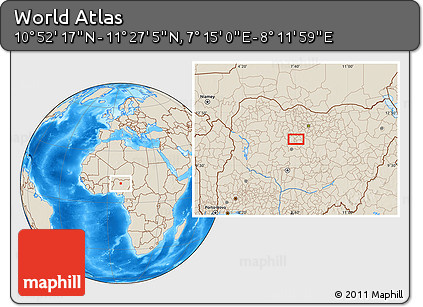 Shaded Relief Location Map of the Area around 11° 9' 41" N, 7° 43' 29" E