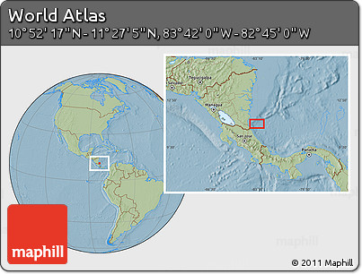 Savanna Style Location Map of the Area around 11° 9' 41" N, 83° 13' 29" W, hill shading
