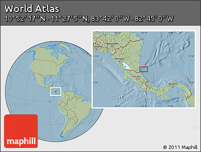 Savanna Style Location Map of the Area around 11° 9' 41" N, 83° 13' 29" W, hill shading
