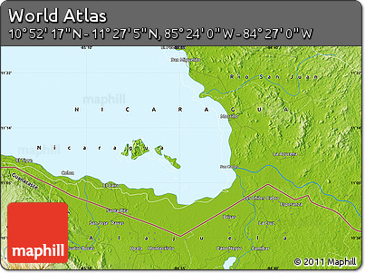 Physical Map of the Area around 11° 9' 41" N, 84° 55' 30" W