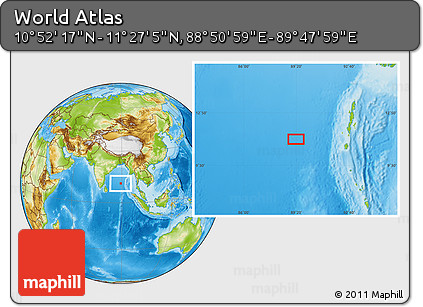Physical Location Map of the Area around 11° 9' 41" N, 89° 19' 29" E