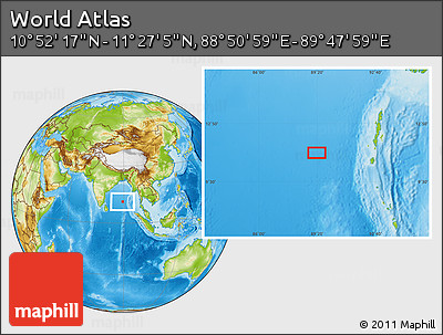 Physical Location Map of the Area around 11° 9' 41" N, 89° 19' 29" E