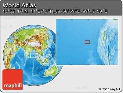 Physical Location Map of the Area around 11° 9' 41" N, 89° 19' 29" E