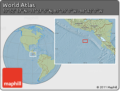 Savanna Style Location Map of the Area around 11° 9' 41" N, 89° 10' 30" W, hill shading