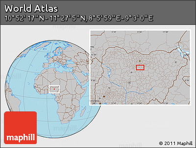 Gray Location Map of the Area around 11° 9' 41" N, 8° 34' 29" E