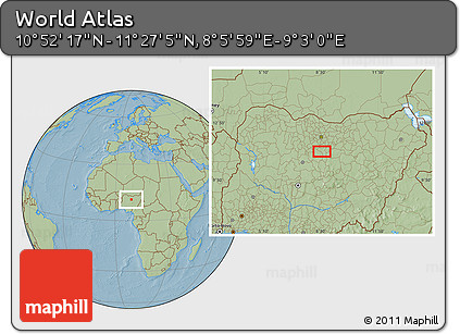 Savanna Style Location Map of the Area around 11° 9' 41" N, 8° 34' 29" E, hill shading