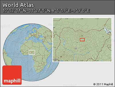 Savanna Style Location Map of the Area around 11° 9' 41" N, 8° 34' 29" E, hill shading