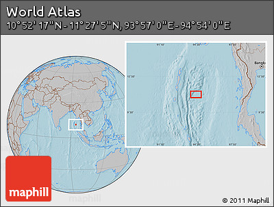 Gray Location Map of the Area around 11° 9' 41" N, 94° 25' 30" E, hill shading