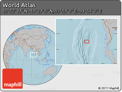 Gray Location Map of the Area around 11° 9' 41" N, 94° 25' 30" E, hill shading