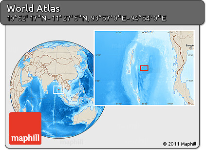 Shaded Relief Location Map of the Area around 11° 9' 41" N, 94° 25' 30" E