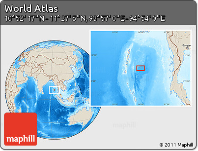 Shaded Relief Location Map of the Area around 11° 9' 41" N, 94° 25' 30" E